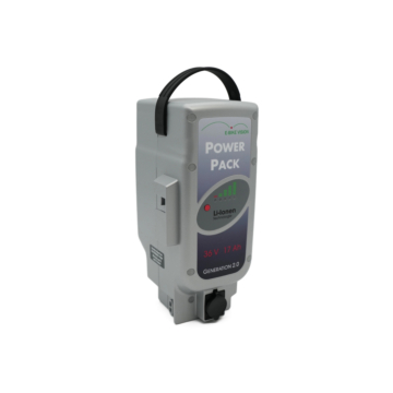 Vista a tre quarti del Panasonic Deluxe 36V 17Ah Compatible con la porta di ricarica visibile.