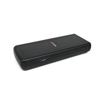 Foto della batteria completa EYXON Sparta/Batavus B400 36V 12.8Ah Compatible. La foto è scattata da una prospettiva di tre quarti.
