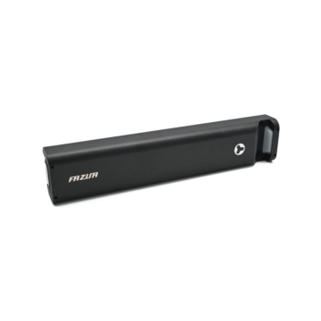 Vista a tre quarti della batteria per bici Fazua Energy 430. L'intera batteria è ben visibile.