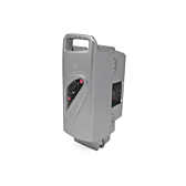 Foto della batteria per bicicletta Flyer Kalkhoff Panasonic Compatibile 26V 13Ah, dove si può vedere la parte superiore della batteria e l'indicatore di carica ben visibile
