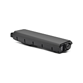 Vista a tre quarti dalla parte anteriore della batteria per bici Bosch Powerpack 540 Performance/Active portapacchi E-Bike Vision. Il collegamento alla bici è visibile.