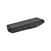 Vista laterale obliqua della batteria per bici Bosch Powerpack 700 Performance/Active portapacchi E-Bike Vision. Il lato della batteria con l'indicatore della batteria è ben visibile.