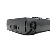 Foto della parte anteriore e laterale della batteria EYXON Sparta/Batavus B400 36V 12.8Ah Compatible. La batteria è capovolta. Il collegamento alla bici e la porta di ricarica sono chiaramente visibili.
