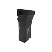 La batteria compatibile Impulse 36V 14.5Ah prodotta da EYXON in piedi. Il lato con l'etichetta e la parte superiore della batteria sono visibili.