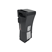 Foto della batteria Kalkhoff Impulse 36V 17Ah mostrata in posizione verticale. Il lato e la parte superiore della batteria sono visibili.