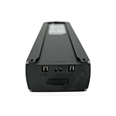 Vista frontale della batteria per bicicletta Promovec Carrier 6.2XL 36V 15.6Ah. Il collegamento alla bicicletta è chiaramente visibile.