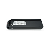 Vista inferiore della batteria per bicicletta Promovec Carrier 6.2XL 36V 17.4Ah. L'etichetta sul fondo della batteria è chiaramente visibile.