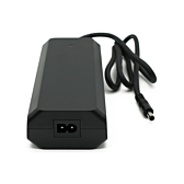 Vista frontale del caricatore Rad Power Bikes 48V 2A, con la presa di alimentazione e il cavo ben visibili.