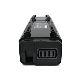 Vista frontale della batteria per bicicletta Shimano Steps BT-E6000 capovolta. Il collegamento alla bicicletta e l'etichetta sulla parte inferiore della batteria sono visibili.