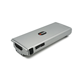 Vista a tre quarti dalla parte anteriore della batteria per bicicletta compatibile Sparta E-500 36V 13Ah prodotta da EYXON. La porta di ricarica, il collegamento alla bicicletta e l'indicatore della batteria sono visibili.