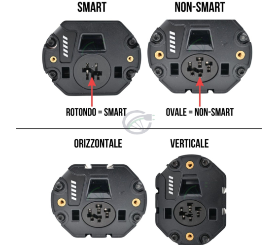 In questa immagine è possibile vedere come riconoscere la differenza tra un PowerTube SMART Bosch e un Powertube non SMART Bosch e come riconoscere la differenza tra un PowerTube Bosch verticale e un Powertube Bosch orizzontale. Su una batteria SMART Bosc