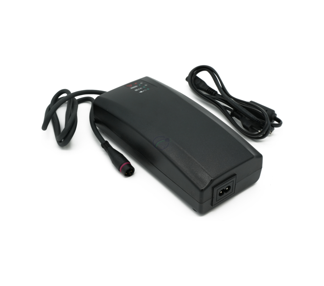 Vista a tre quarti del caricabatterie Alber Neodrives Z20 V8 RS dalla parte anteriore, incluso il cavo di alimentazione.