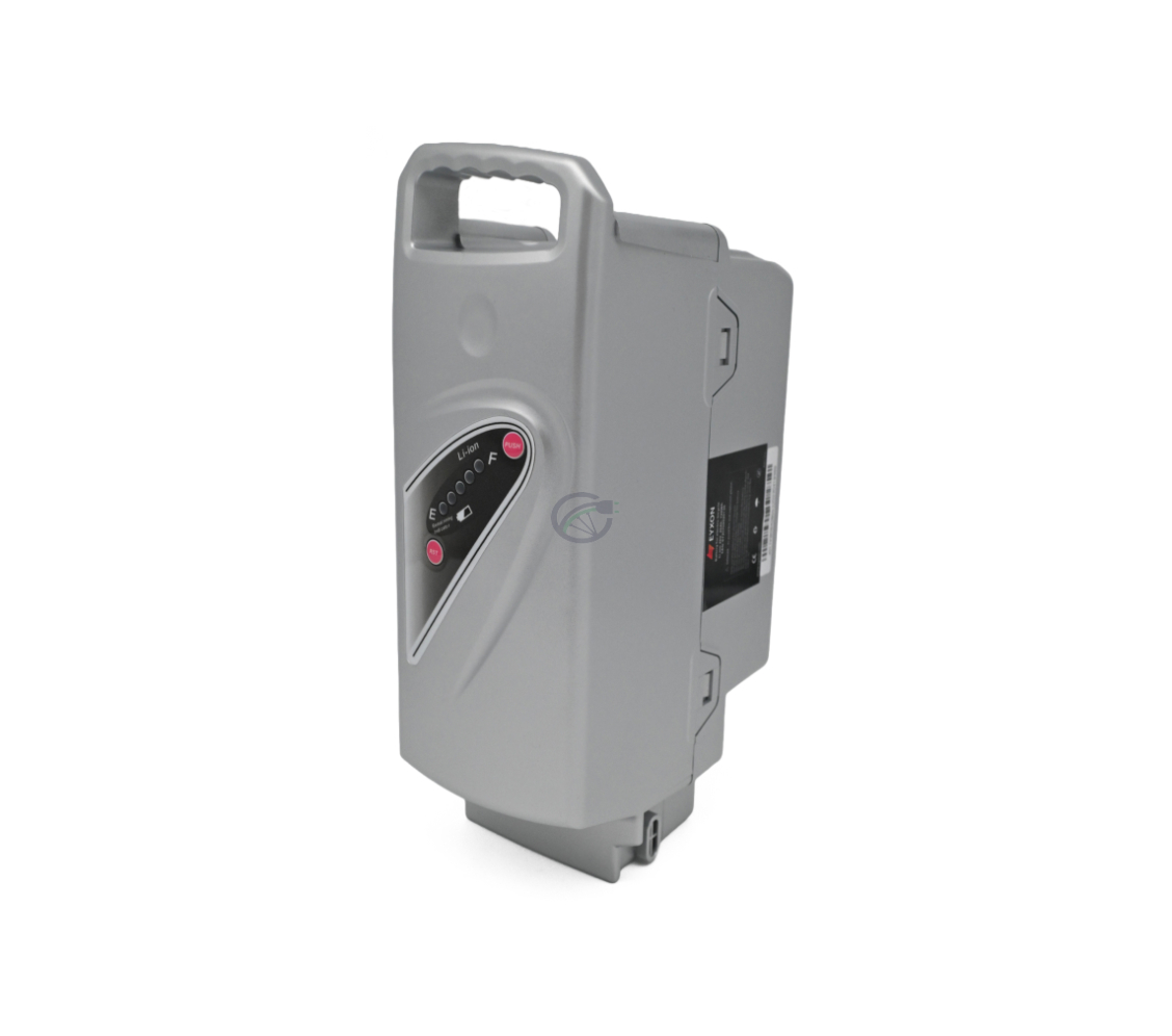Foto della batteria per bicicletta Flyer Kalkhoff Panasonic Compatibile 26V 13Ah, dove si può vedere la parte superiore della batteria e l'indicatore di carica ben visibile
