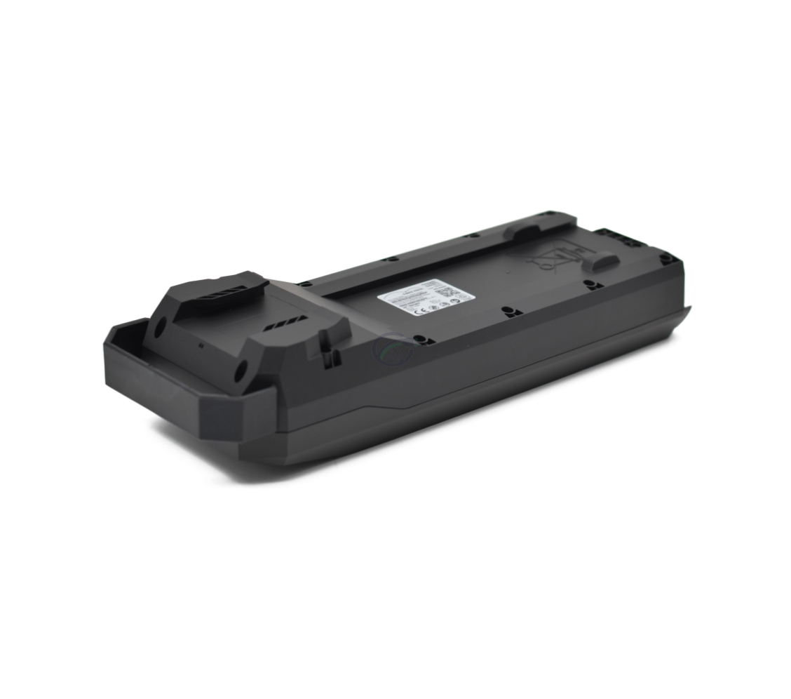 Batteria per bici Bosch Powerpack 360 Performance/Active portapacchi E-Bike Vision capovolta, la parte inferiore della batteria è visibile.
