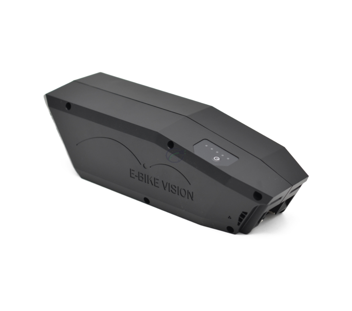 Vista dall'alto a tre quarti della batteria per bici Bosch Powerpack 360 Performance/Active telaio E-Bike Vision.