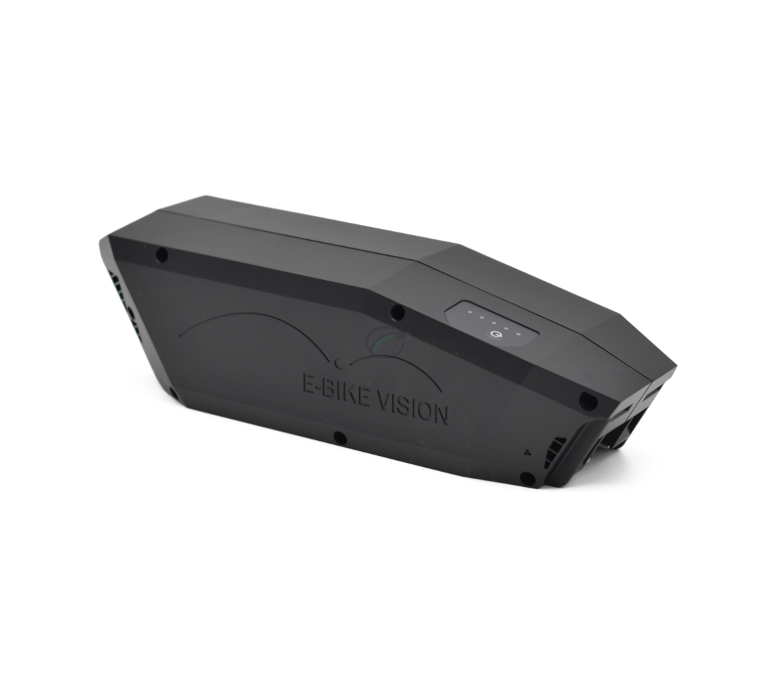 Vista laterale obliqua della batteria per bici Bosch Powerpack 360 Performance/Active telaio E-Bike Vision.