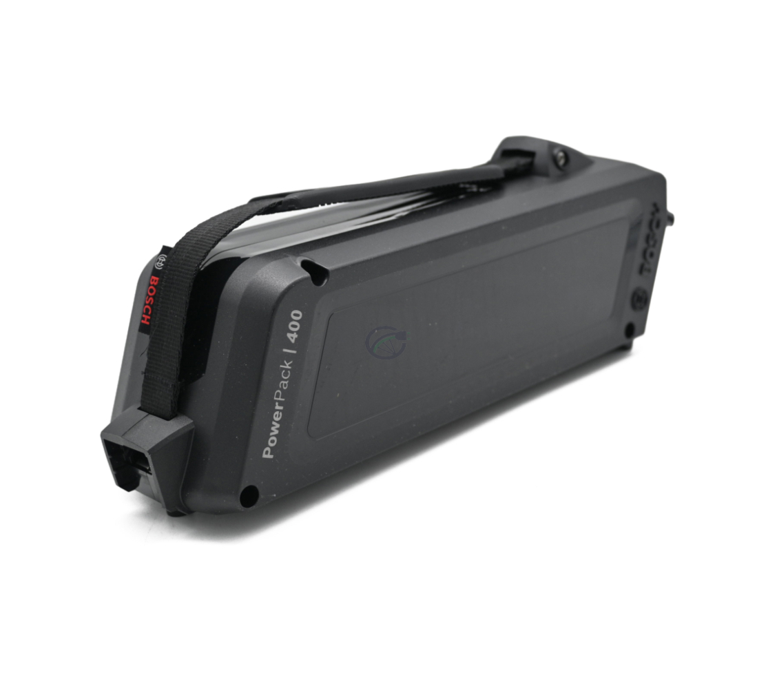 Vista a tre quarti della batteria per bicicletta Bosch Classic 400 Frame