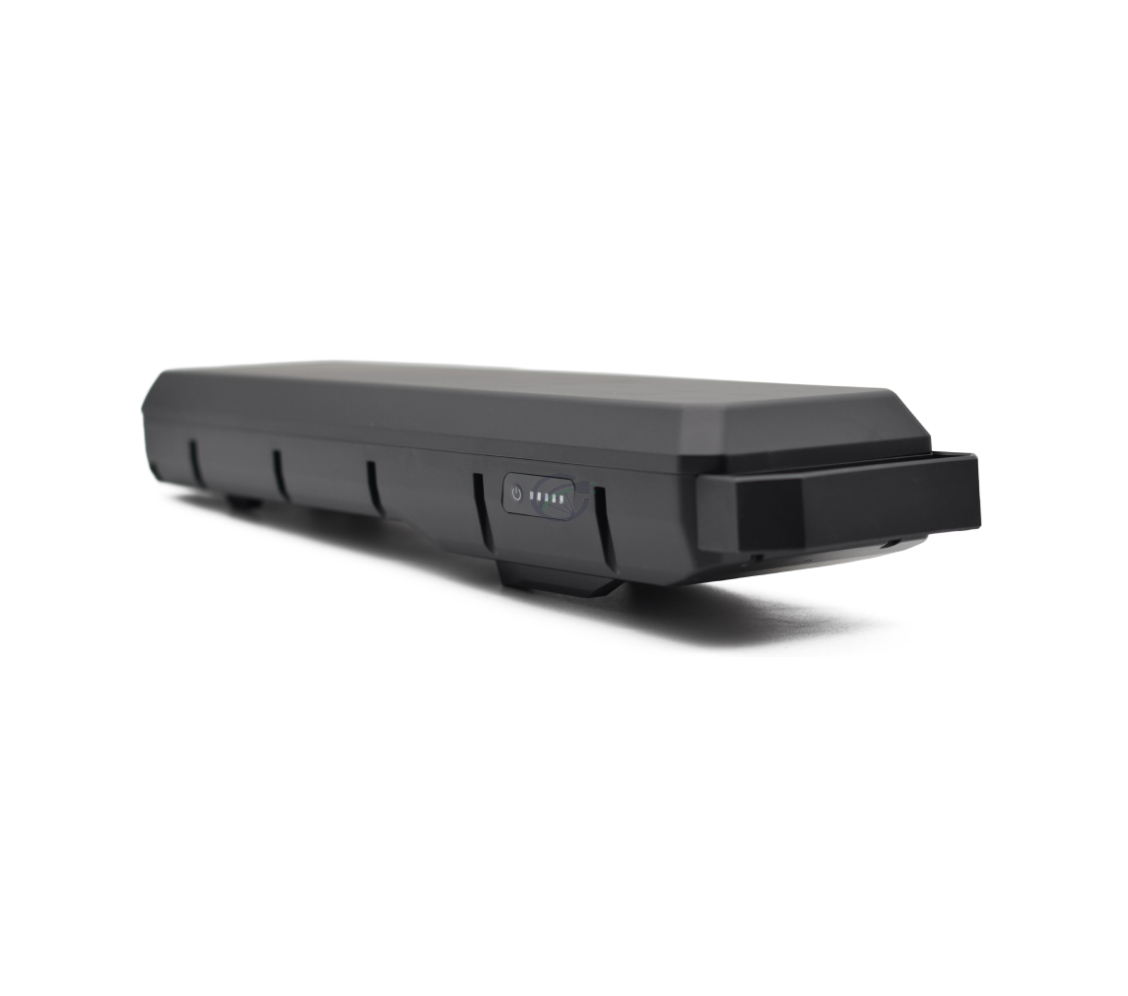Vista a tre quarti da un angolo più basso della batteria per bici Bosch Powerpack 540 Performance/Active portapacchi E-Bike Vision.
