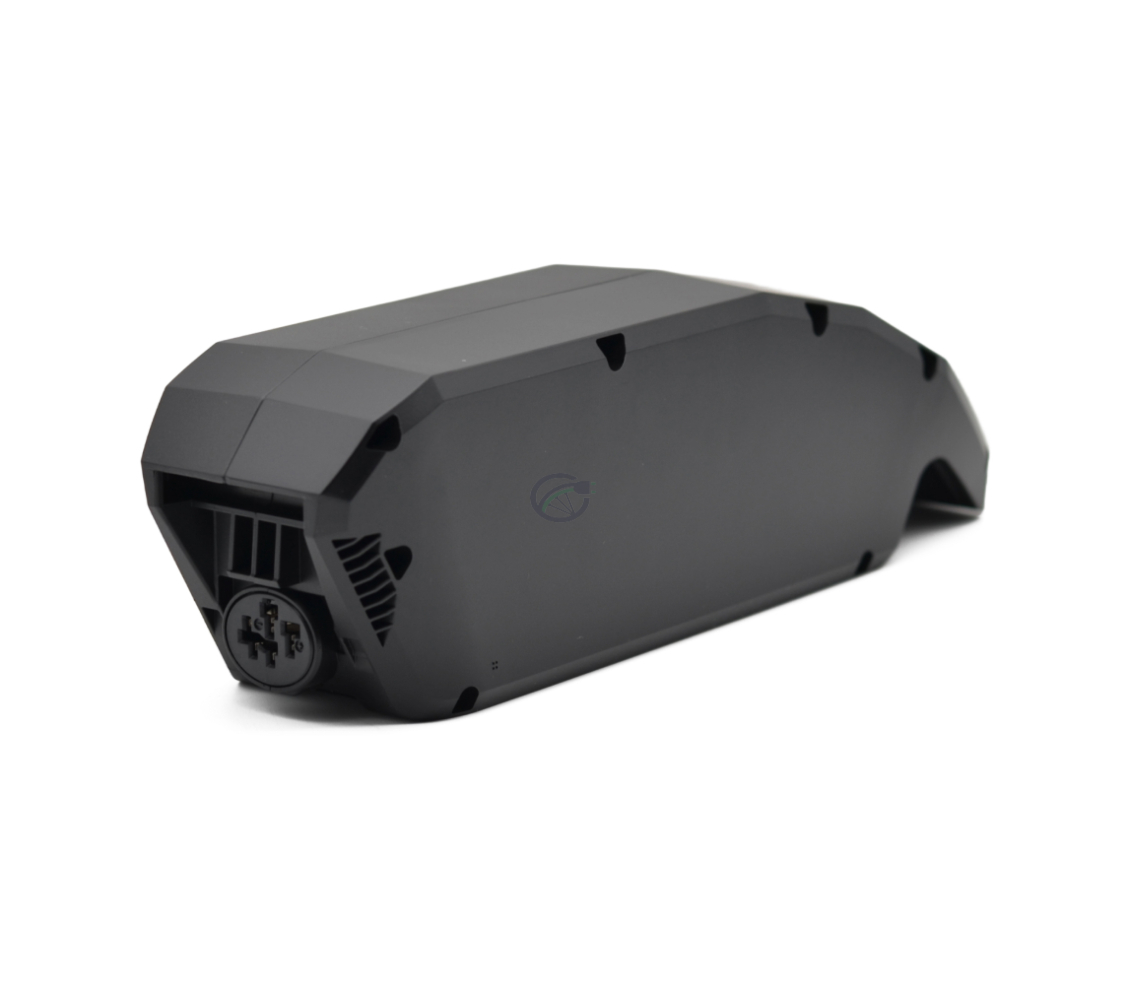 Vista a tre quarti della parte posteriore della batteria per bici Bosch Powerpack 540 Performance/Active telaio E-Bike Vision. Il collegamento alla bici è visibile.