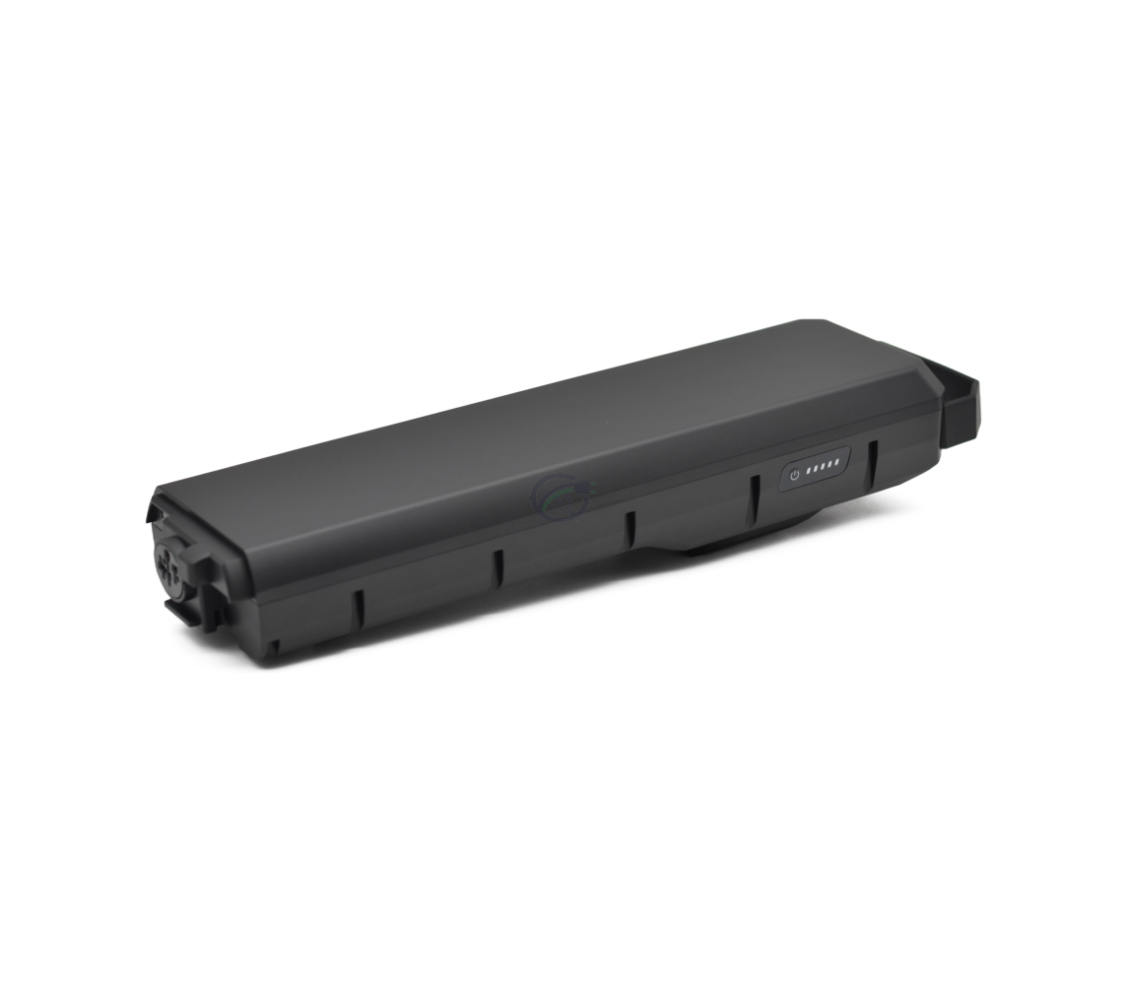 Vista laterale obliqua della batteria per bici Bosch Powerpack 700 Performance/Active portapacchi E-Bike Vision. Il lato della batteria con l'indicatore della batteria è ben visibile.