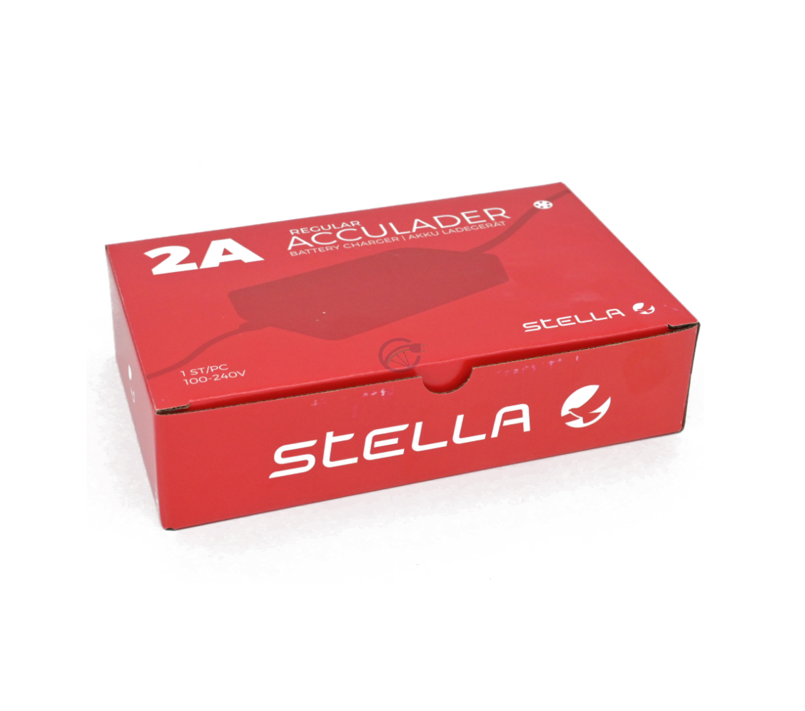Foto della scatola del caricabatterie Stella Tipo 2, 42V 2A.
