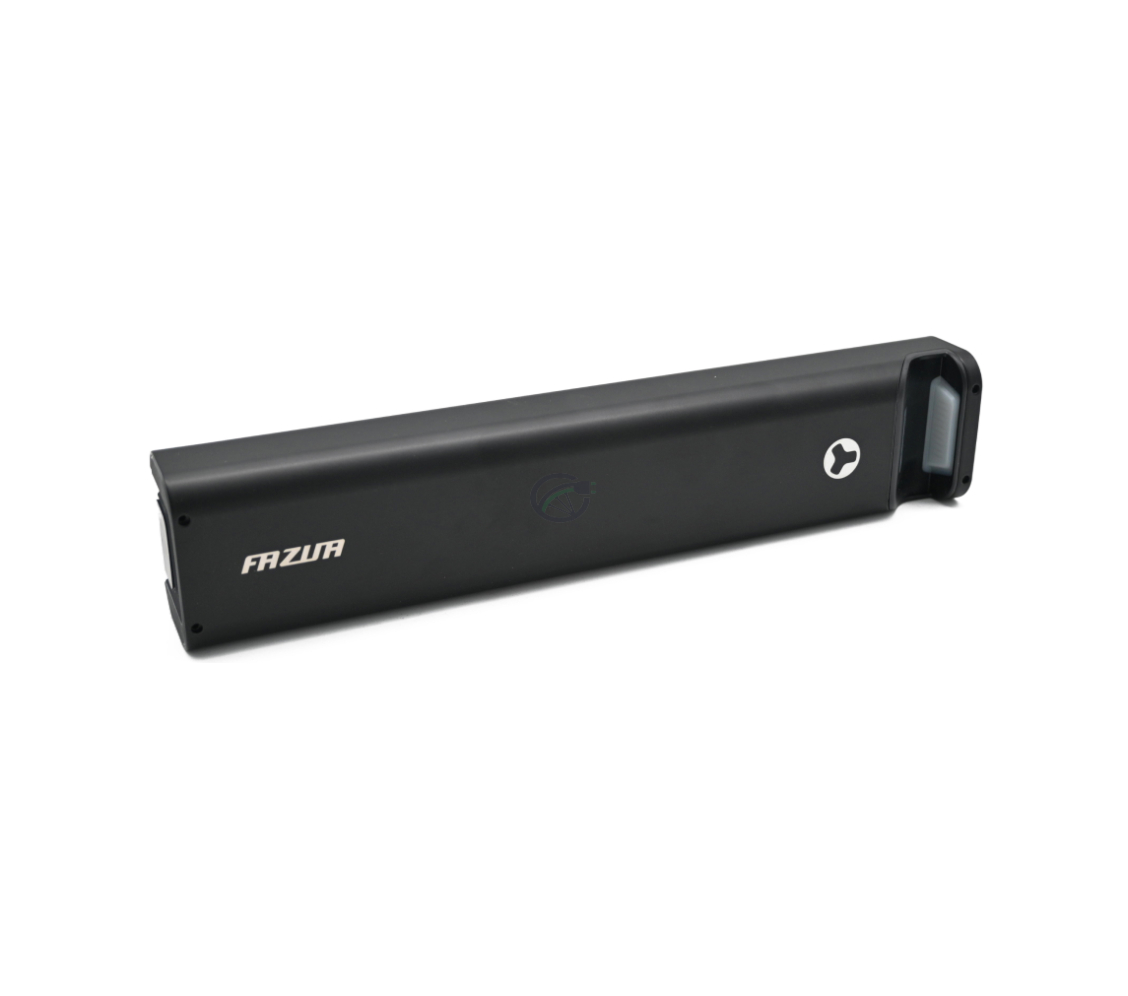 Vista a tre quarti della batteria per bici Fazua Energy 430. L'intera batteria è ben visibile.