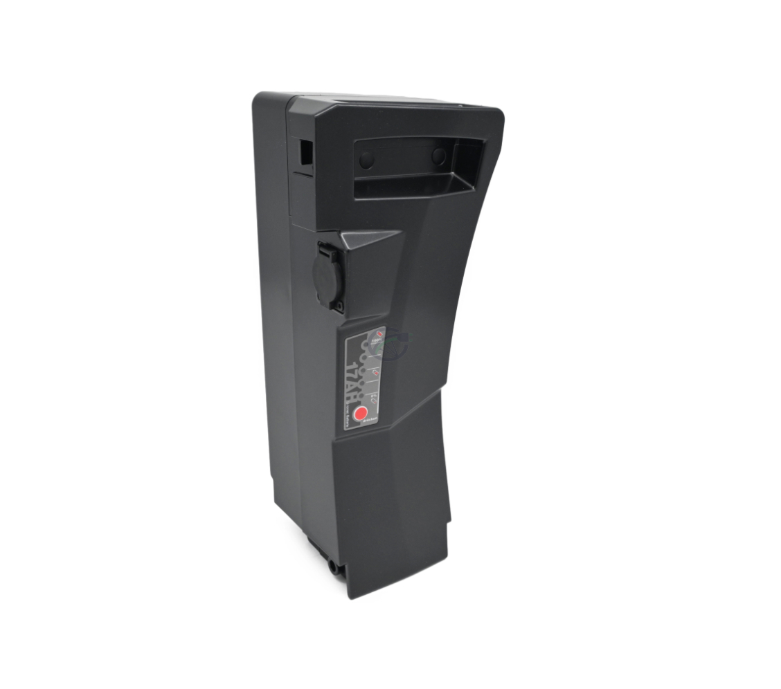 Vista a tre quarti della batteria Kalkhoff Impulse 36V 17Ah mostrata in posizione verticale.