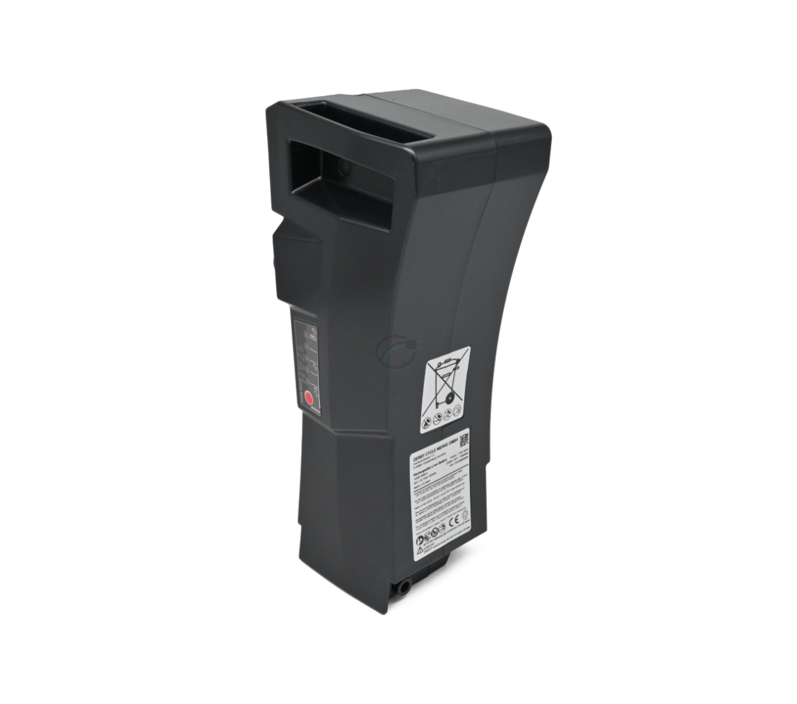 Foto della batteria Kalkhoff Impulse 36V 17Ah mostrata in posizione verticale. Il lato e la parte superiore della batteria sono visibili.