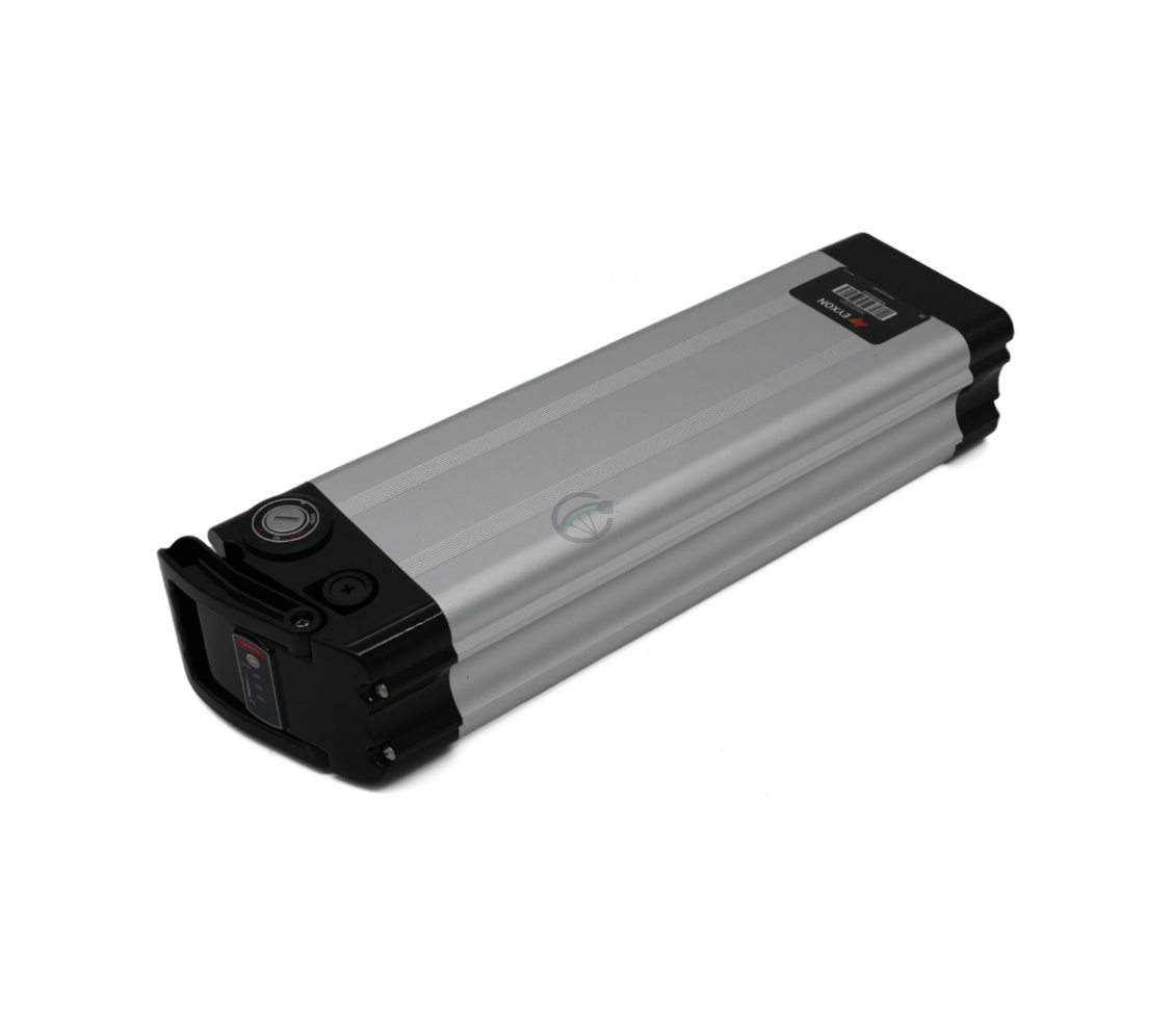 Vista a tre quarti della Phylion XH370-12J Silverfish 37V 12Ah Compatible, con l'indicatore LED visibile.