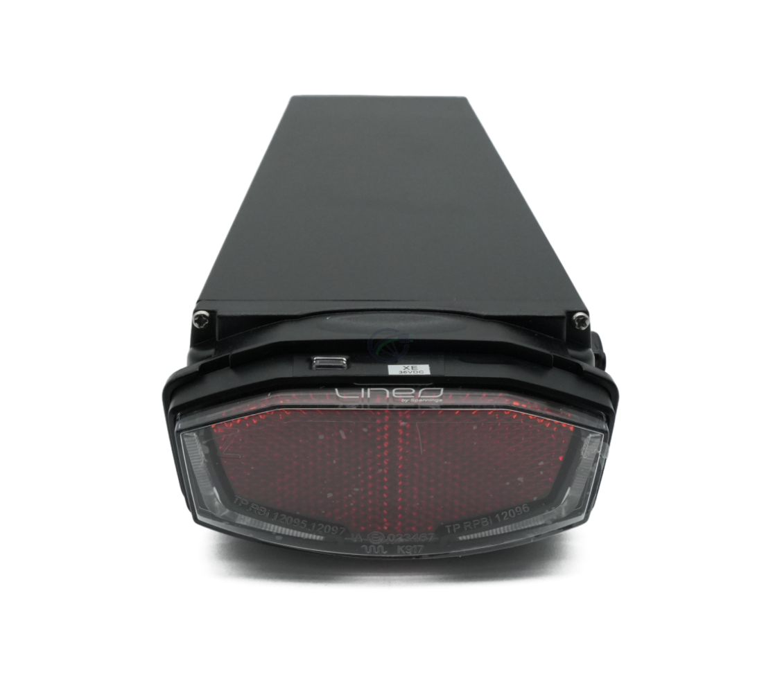 Vista posteriore della batteria per bicicletta Promovec Carrier 6.2XL 36V 15.6Ah. La luce posteriore della batteria è visibile.