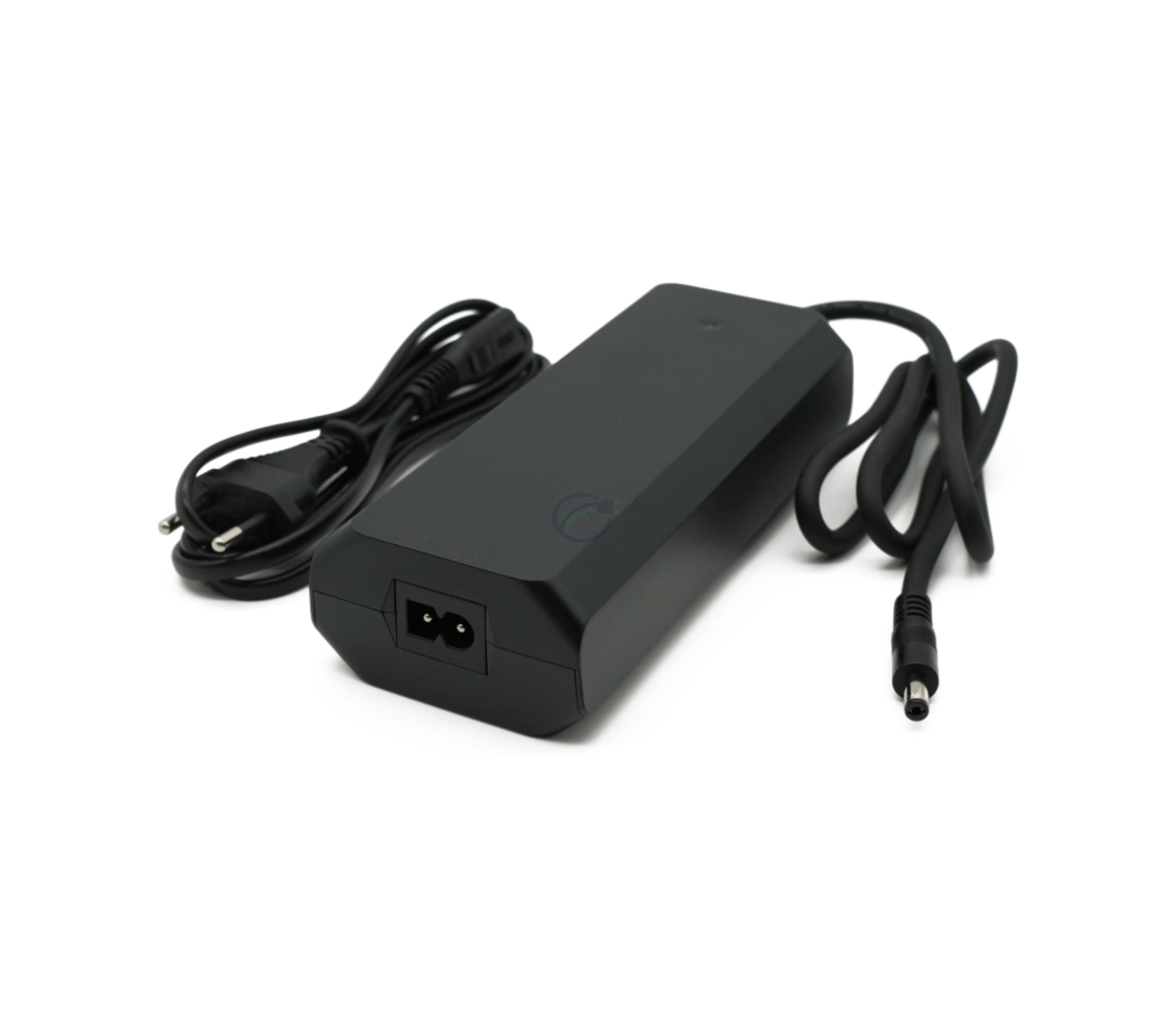 Vista a tre quarti del caricatore Rad Power Bikes 48V 2A, con la presa di alimentazione ben visibile.