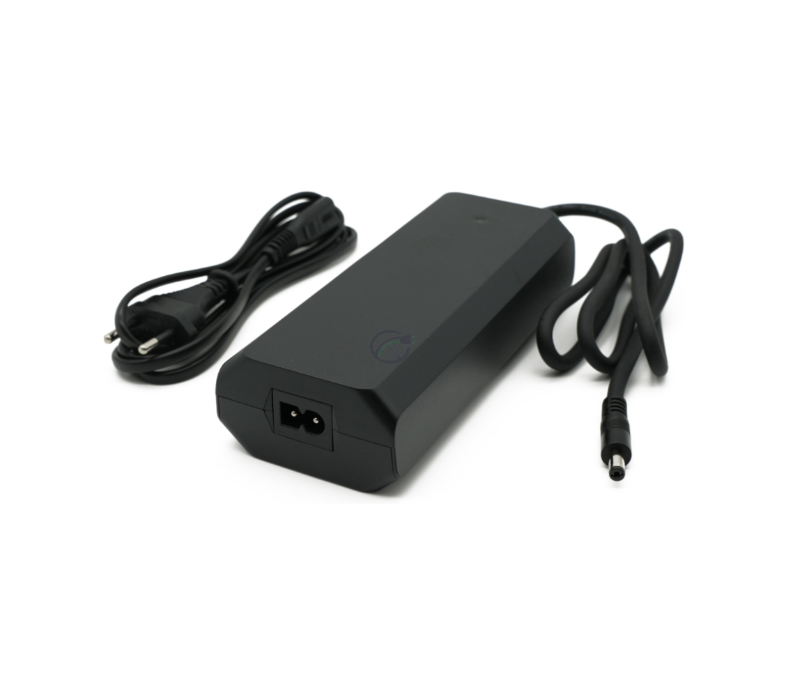 Vista a tre quarti del caricatore Rad Power Bikes 48V 2A, con il cavo e la presa di alimentazione ben visibili.