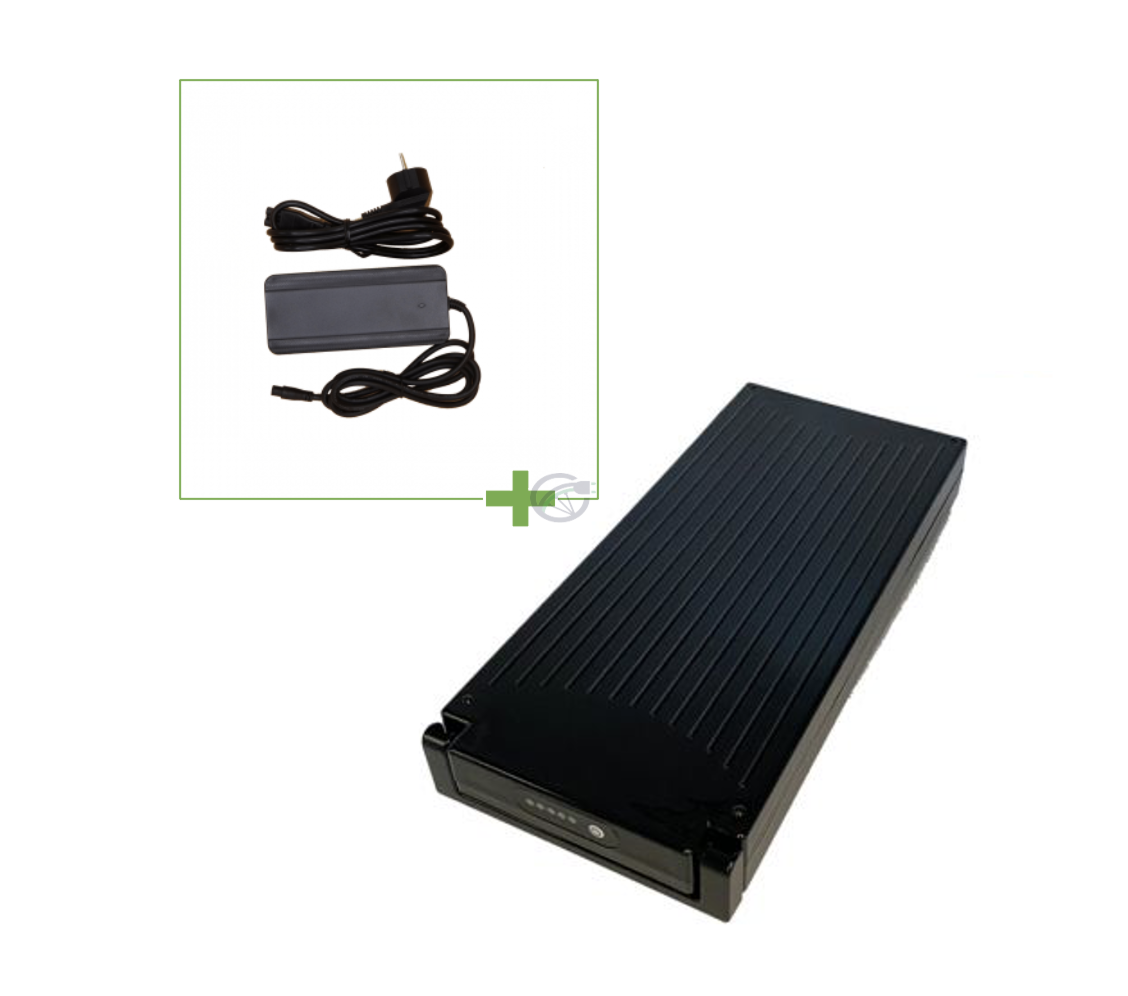 Sparta E-motion C1/C2/C3 / Batavus compatibile batteria per bicicletta 13.6Ah (nera) Incl. caricatore con un'immagine del caricatore