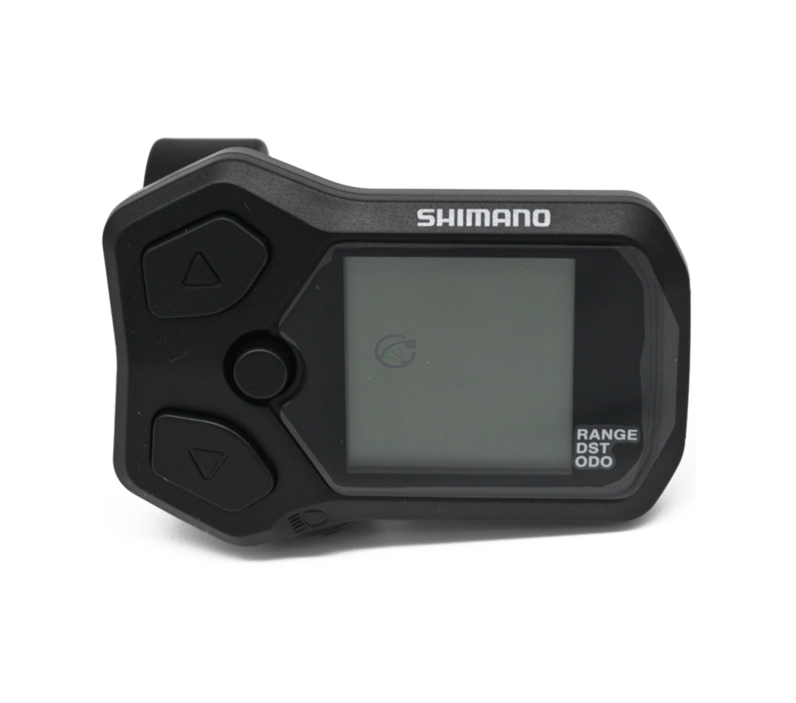 Vista frontale del ciclocomputer Shimano Steps display SC-E5000. I pulsanti sono chiaramente visibili