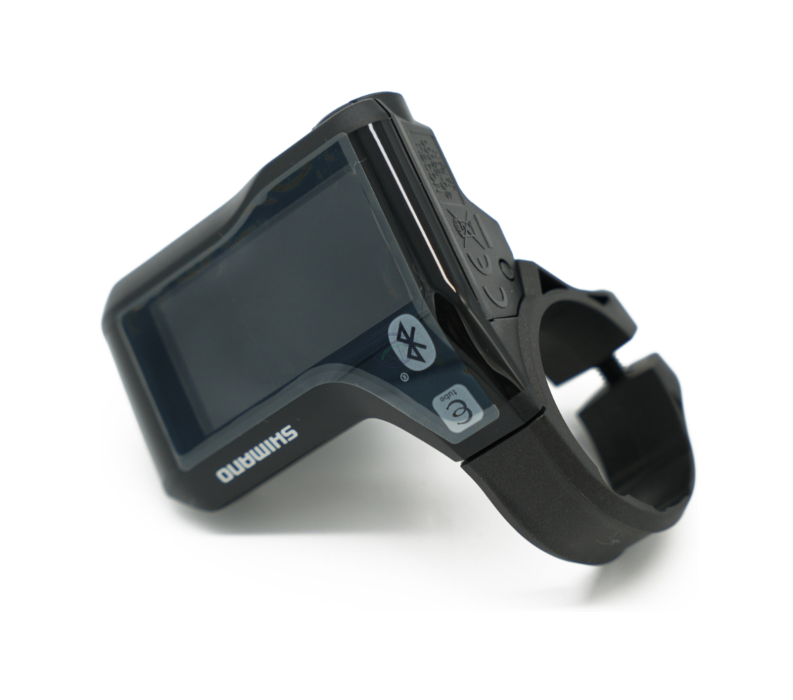 Vista a tre quarti del Shimano Steps SC-E8000 con il display capovolto.