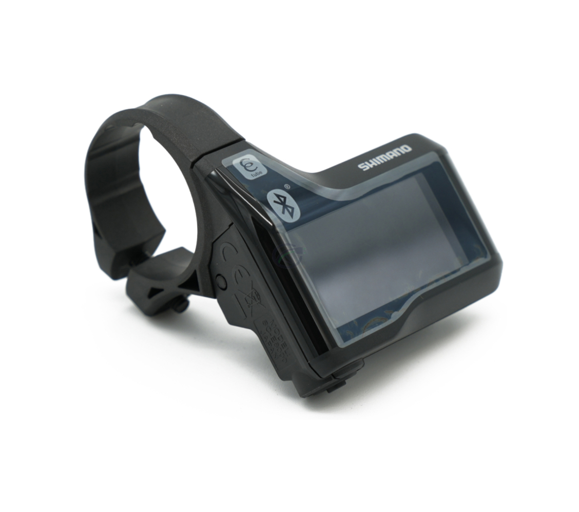 Vista a tre quarti del Shimano Steps SC-E8000 con il display chiaramente visibile.
