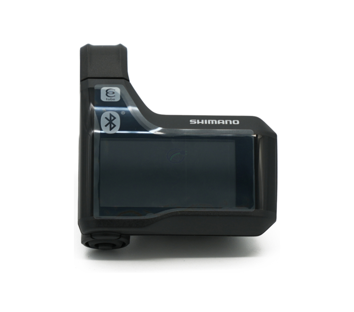 Vista frontale del Shimano Steps SC-E8000 con il display e il pulsante di accensione chiaramente visibili.
