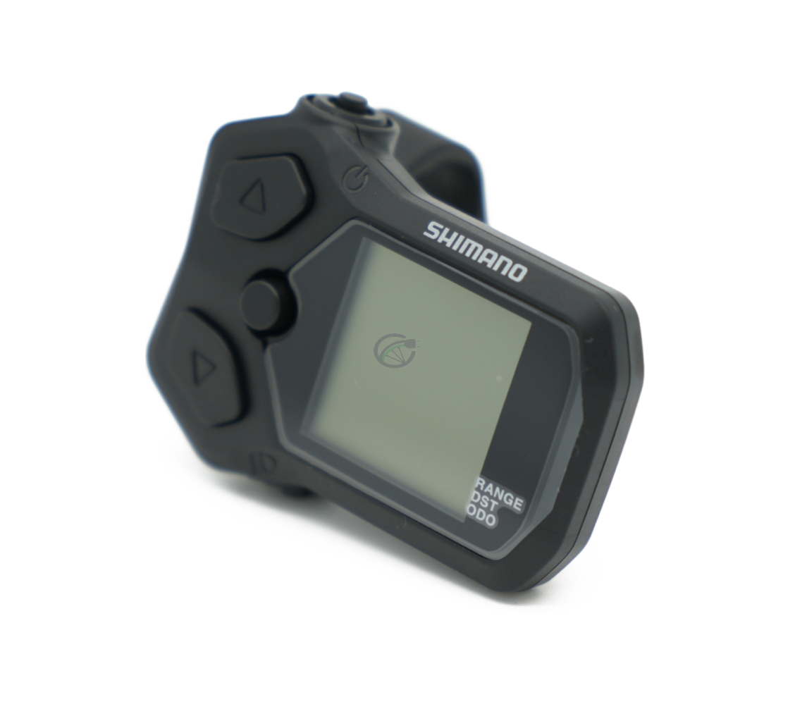 Vista a tre quarti del Shimano Steps SC-EN500 con il display chiaramente visibile.
