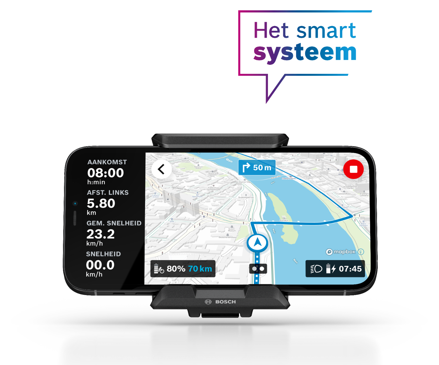 Vista frontale dello SmartphoneGrip Bosch con il telefono. Questa mostra la funzione di navigazione.