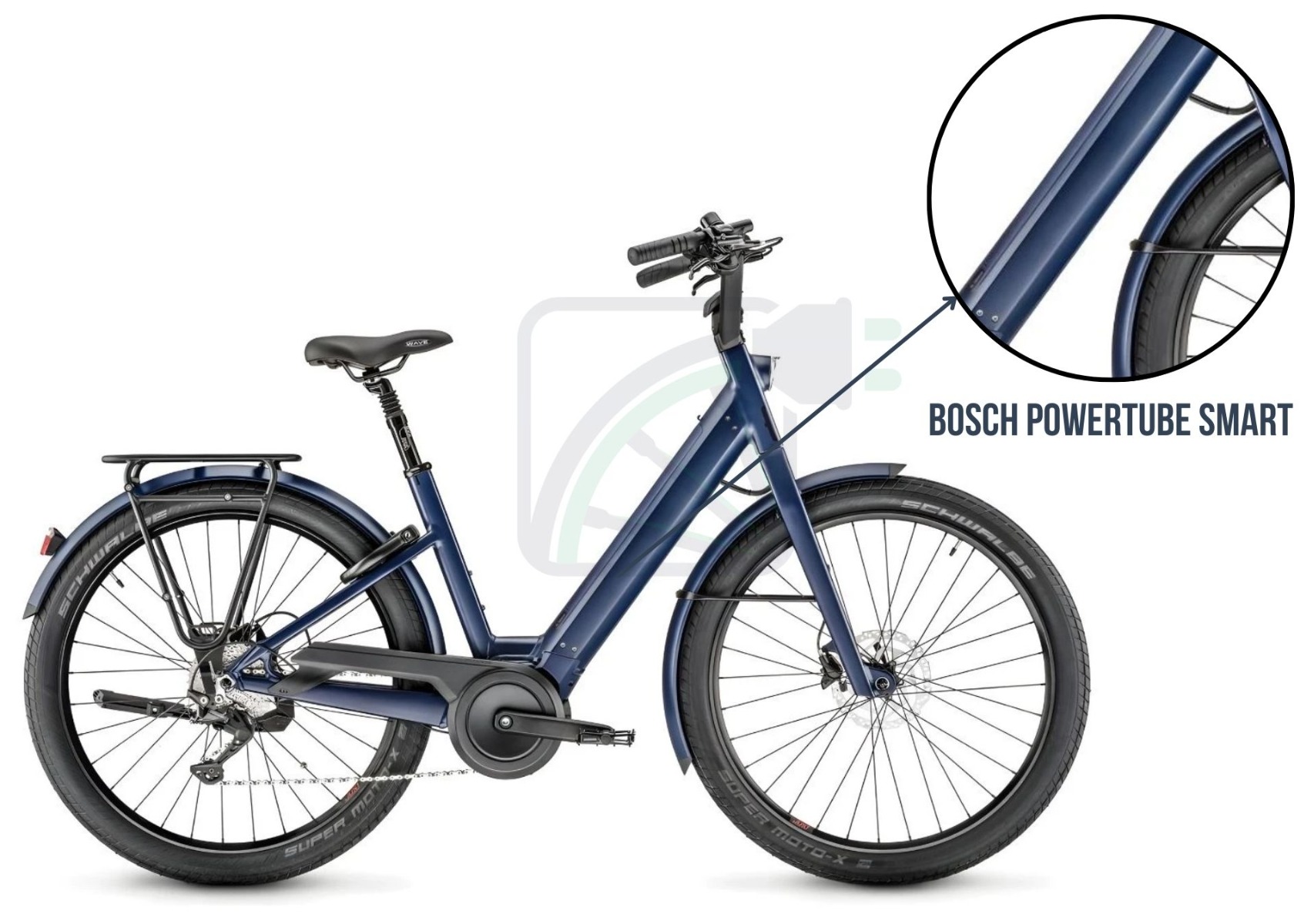 Foto di una bicicletta elettrica, che evidenzia la batteria della bicicletta. La batteria mostrata è la PowerTube di Bosch. Vengono inoltre menzionate le diverse batterie disponibili per questa bicicletta. Si tratta di: Bosch PowerTube 400, 500, 625 e 750. Queste batterie sono per le varianti SMART e non SMART.