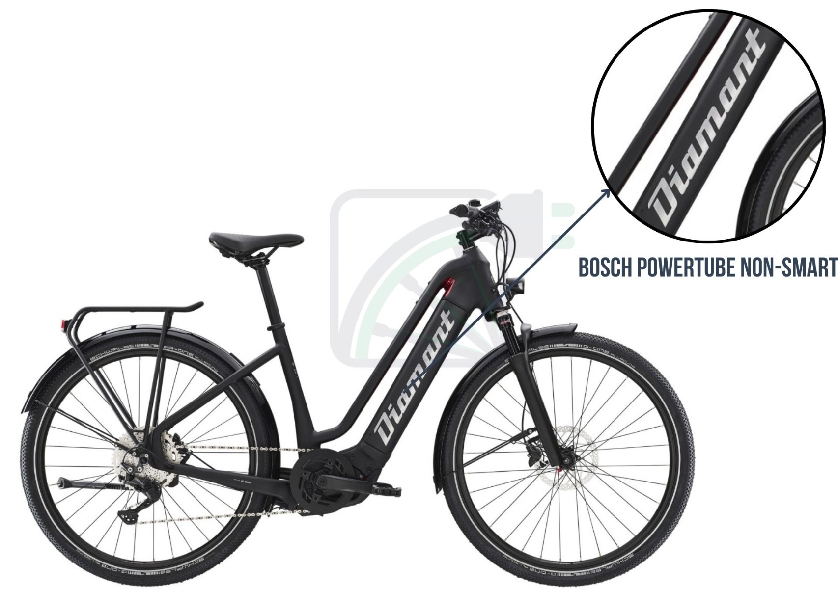 Immagine di una bicicletta elettrica con evidenziata la batteria della bicicletta. In questo caso, si tratta della Powertube di Bosch.