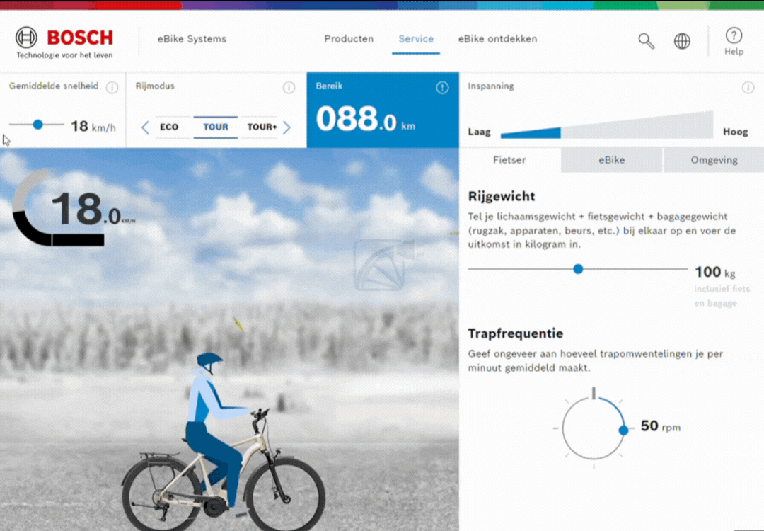GIF del calcolatore di autonomia Bosch. Mostra le impostazioni che si possono utilizzare per coprire una certa distanza con una bicicletta elettrica. Si ipotizza una batteria da bicicletta Bosch.