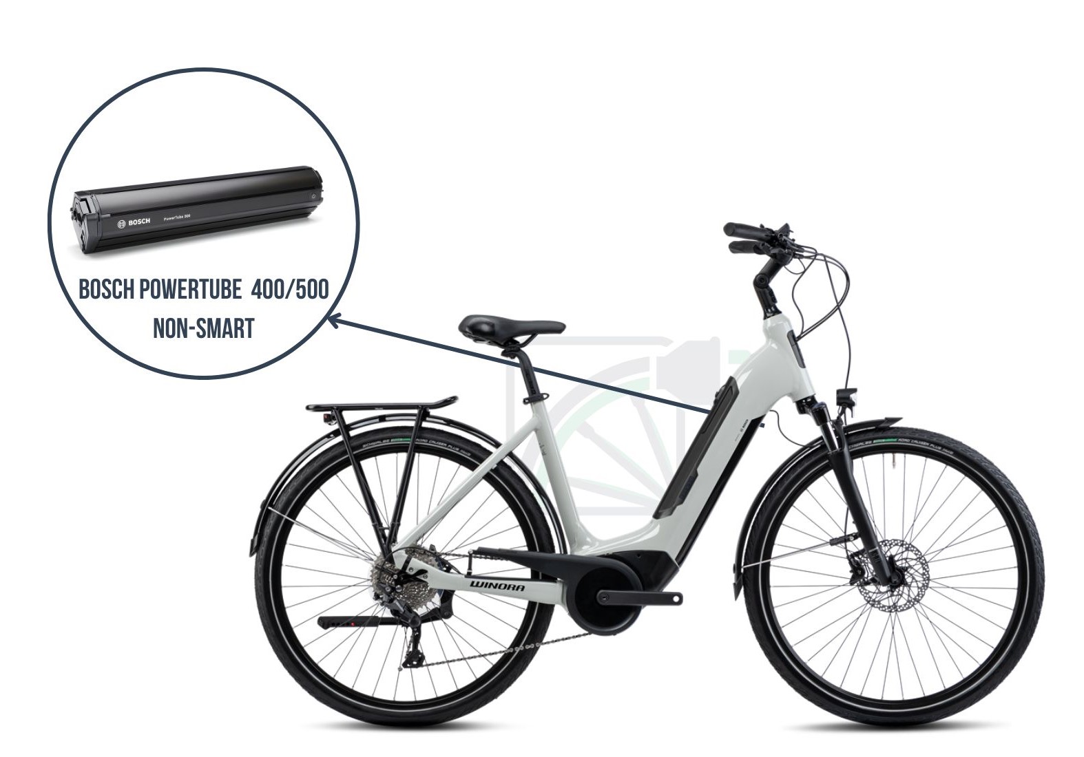 In questa immagine è raffigurata la Winora Sinus Tria 10. Viene messa in evidenza la batteria corrispondente a questa bicicletta, ovvero la Bosch Powertube 400/500 non-SMART.