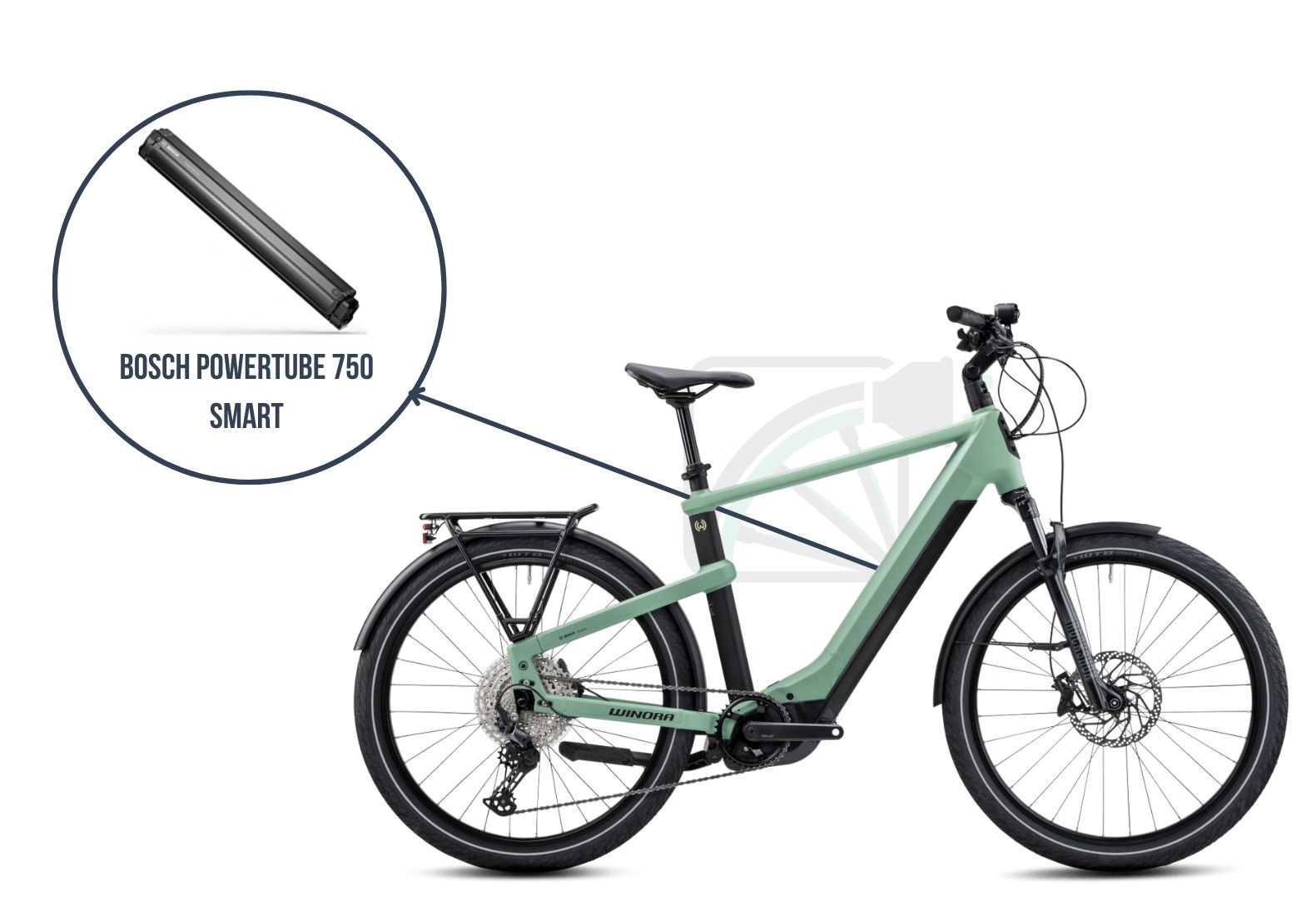 La Winora Yakun 12 con in evidenza quale batteria è adatta a questa bicicletta, ovvero la Bosch PowerTube 750.