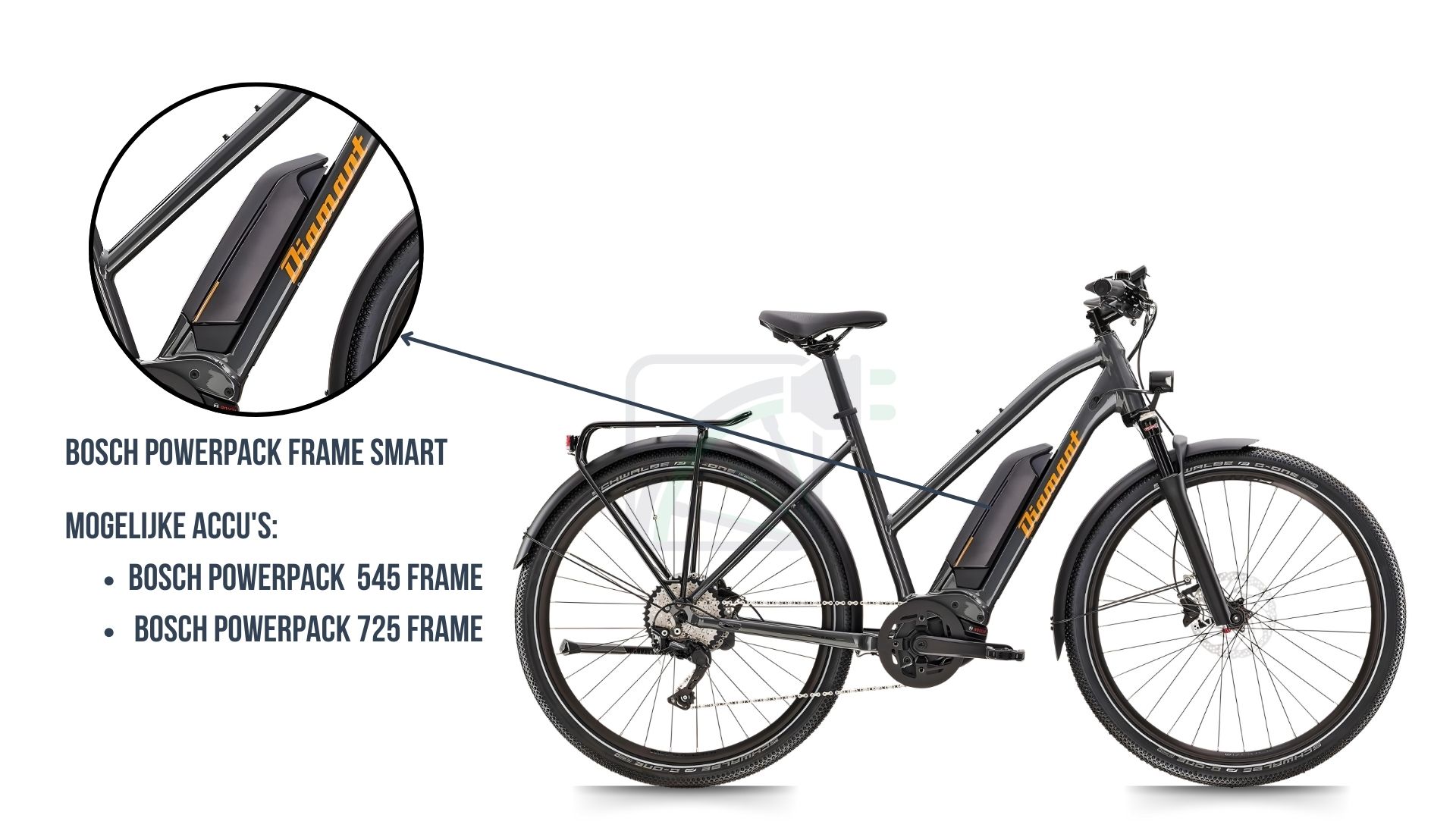 In questa immagine vedi la bicicletta elettrica Diamant Mandara. Qui viene messo in evidenza quale batteria è presente in questa bicicletta. Si tratta della batteria Bosch Powerpack 545 / 725 SMART frame.